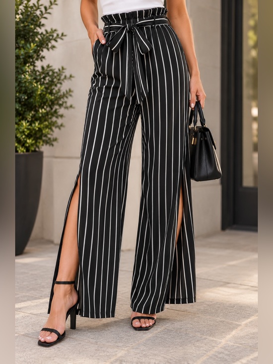 Analili Pants - Analili Black White Striped Paperbag Waist Wide Leg Pants M